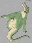 anthro bell bell_collar big_butt breasts butt claws cleavage clothed clothing collar female green_body green_scales long_snout looking_at_viewer nude nude_anthro nude_female partially_submerged pupils scales sharp_teeth slit_pupils snout solo studded_collar studs tail teeth water yellow_eyes fishkittn alligator alligatorid crocodilian reptile scalie 3:4 absurd_res digital_drawing_(artwork) digital_media_(artwork) hi_res