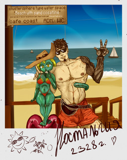 4_fingers anthro beach_background big_eyes bikini blue_body blue_skin clothing cybernetic_arm cybernetic_limb drinking_straw duo endoskeleton eyewear facial_hair female fingers goatee hug inflatable inner_tube machine male mole_under_eye muscular muscular_male panama piercing planet polaroid_photo red_clothing red_swimwear sitting size_difference smaller_female smile smiling_at_viewer spacecraft sunglasses swimwear taking_picture text translucent translucent_body two-piece_swimsuit vacation vehicle yellow_ears yellow_eyes lexel732 yoxy(001) android felid feline human mammal robot absurd_res english_text hi_res