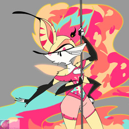 4_arms anthro bottomwear clothing female fingers fire fur hair lidded_eyes looking_at_viewer multi_arm multi_limb multicolored_body multicolored_fur multicolored_hair pole shorts sitting smile solo teeth topwear white_clothing wings cdromster hellaverse helluva_boss queen_bee-lzebub_(helluva_boss) arthropod canid canine demon fox hybrid insect mammal 1:1 2023 digital_media_(artwork) hi_res watermark