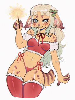5_fingers anthro bangs blonde_hair blush brown_eyebrows brown_markings christmas_clothing claws clothing crop_top cute_fangs ear_piercing ear_ring eyebrows facial_piercing fangs female fingers fur green_claws green_eyes green_hair green_nose hair holding_object holidays inner_ear_fluff jewelry legwear long_hair looking_at_viewer markings multicolored_hair navel necklace nose_piercing nose_ring orange_body orange_fur piercing red_clothing red_crop_top red_legwear red_shirt red_stockings red_thong red_topwear red_underwear ring_piercing septum_piercing septum_ring shirt simple_background smile solo spots spotted_body spotted_fur stockings striped_markings striped_tail stripes tail tail_markings teeth thick_thighs thong topwear tuft two_tone_hair underwear white_background cepto_(artist) christmas cepto felid feline lynx mammal 3:4 colored colored_sketch digital_drawing_(artwork) digital_media_(artwork) hi_res shaded sketch