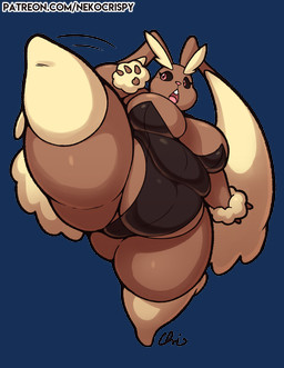 anthro belly big_belly big_breasts black_sclera breasts brown_body brown_fur buckteeth butt clothing eyelashes female fur kick leotard long_ears open_mouth overweight overweight_anthro overweight_female pink_eyes pink_nose raised_leg solo teeth text thick_thighs nekocrispy nintendo pokemon generation_4_pokemon lopunny pokemon_(species) 2026 alpha_channel hi_res signature url