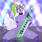 anthro areola armwear black_nose bracelet breasts clothing collar convenient_censorship ear_piercing eyelashes facial_markings female front_view fur green_highlights hair head_markings highlights_(coloring) holding_keytar holding_musical_instrument holding_object jewelry keyboard_instrument keytar legwear long_hair looking_at_viewer markings medium_breasts musical_instrument nipples nude open_mouth piercing purple_areola purple_armwear purple_body purple_clothing purple_fur purple_legwear purple_nipples sitting solo spiked_bracelet spiked_collar spikes spread_legs spreading tail tongue tongue_out white_body white_fur white_hair white_tail yellow_eyes safaia five_nights_at_freddy's five_nights_at_freddy's:_security_breach scottgames steel_wool_studios roxanne_wolf canid canine canis mammal wolf 1:1 hi_res