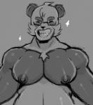 anthro areola belly big_muscles big_pecs breasts eyewear female fur glasses musclegut muscular muscular_anthro muscular_female nipples pecs simple_background smile solo sin_bruh bear giant_panda mammal 2019 digital_media_(artwork) monochrome