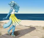 anthro beach black_nose blue_body blue_eyes blue_fur blue_hair clothed clothing day detailed_background female footwear fur hair outside sand sandals seaside shoes sky smile solo silvermoonfox canid canine canis domestic_dog mammal