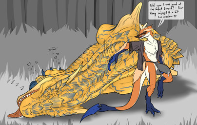 ambiguous_fluids anthro asian_clothing balls big_balls big_bulge big_penis big_tail bodily_fluids bulge claws clothed clothing cum cum_in_clothing cum_in_underwear cum_on_penis cum_through_clothing cum_through_underwear detailed_bulge drooling duo east_asian_clothing feral fundoshi genital_fluids genitals huge_balls huge_bulge huge_penis japanese_clothing langot leaking_cum lying male on_side paws penis revealing_outfit robe saliva seductive size_difference skimpy sleeping tail text tight_bulges tight_clothing tight_underwear tongue tongue_out unconscious underwear wet wet_clothing wet_underwear conditional_dnp samagthrav2 capcom monster_hunter halwende bird_wyvern flying_wyvern izuchi tigrex absurd_res english_text hi_res