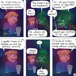 6_panel_comic anthro at_table black_hair blonde_hair blue_clothing blue_eyes blue_shirt blue_topwear brown_eyes cigarette clothing confusion container cup dialogue drinking_glass duo ellipsis eye_contact flannel_shirt fur glass glass_container glass_cup grey_body grey_fur hair inside logo looking_at_another male nightclub shirt shocked sitting smoking smoking_cigarette speech_bubble text topwear yellow_body yellow_fur kriek_wildebeest jeremy_(kriek_wildebeest) tom_(kriek_wildebeest) border_collie canid canine canis collie domestic_dog herding_dog husky hybrid mammal nordic_sled_dog pastoral_dog sheepdog spitz wolf 1:1 artist_logo comic english_text hi_res multiple_scenes