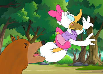 ambiguous_gender anthro avian_butt beak bite bottomless bow_ribbon butt butt_bite clothed clothing duo feathers female feral footwear high_heels monobutt open_mouth pain plant shoes tree white_body white_feathers goofermutt disney daisy_duck anatid anseriform avian bear bird duck mammal digital_media_(artwork) hi_res