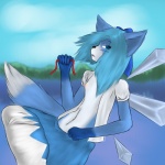 anthro blue_hair blue_ribbon breasts clothed clothing cloud dipstick_tail dress female flying hair ice markings nipples open_clothing open_shirt open_topwear outside plant ribbons shirt sky solo tail tail_markings topwear tree water wings wood madadh_ruadh touhou cirno 1:1