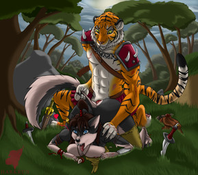 athletic blood bodily_fluids dagger dominant dominant_male duo female fight from_behind_position male male/female melee_weapon muscular sex sword weapon wounded harkrun canid canine canis felid mammal pantherine tiger wolf