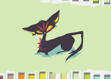 ambiguous_gender black_body black_fur feral fur green_background looking_at_viewer lying on_front shadow simple_background smile solo yellow_sclera naircat domestic_cat felid feline felis mammal 2017 digital_drawing_(artwork) digital_media_(artwork) full-length_portrait microsoft_paint_(artwork) portrait