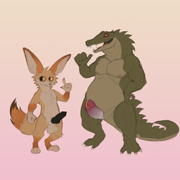 3_toes 4_fingers 4_toes animal_genitalia animal_penis anthro balls belly big_ears big_tail black_penis canine_genitalia canine_penis chest_tuft cloacal_penis digitigrade dipstick_ears dipstick_tail duo ear_markings facial_paint feet fingers genital_piercing genitals green_body knot leg_markings male markings multicolored_ears nipples open_mouth open_smile penis penis_piercing piercing pupils raised_hand sharp_teeth size_difference slit_pupils smile socks_(marking) standing tail tail_markings teeth toeless_(marking) toeless_socks_(marking) toes tuft vein veiny_penis yellow_sclera ikaro requeson_(ikaro) wallace canid canine crocodile crocodilian fennec_fox fox mammal reptile scalie true_fox 1:1 absurd_res hi_res
