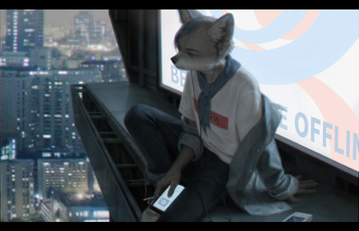 5_fingers anthro black_bars blue_eyes cigarette clothed clothing detailed_background electronics fingers fur hair male phone scarf sitting solo text terry_grimm canid canine fox mammal detailed digital_media_(artwork) english_text letterbox