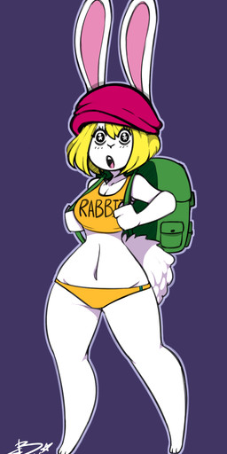 :o anthro backpack blonde_hair blush breasts cleavage clothed clothing eyelashes female hair hat headgear headwear open_mouth purple_background simple_background solo text wide_hips melonbuns one_piece carrot_(one_piece) lagomorph leporid mammal minkmen_(one_piece) rabbit english_text hi_res