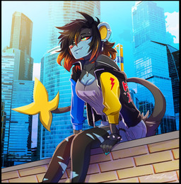 anthro city city_background clothing detailed_background ear_piercing ear_ring eyebrow_piercing facial_piercing female jacket piercing ring_piercing smile solo topwear torn_clothing voidified nintendo pokemon generation_4_pokemon luxray pokemon_(species) hi_res