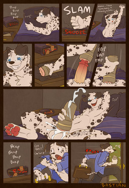 4_toes alarm_clock anthro balls beverage biped black_body black_fur black_spots blush bodily_fluids bulge claws clock coffee cum cum_in_sex_toy cumshot digitigrade ejaculation erection feet food fur genital_fluids genitals hindpaw humanoid_genitalia humanoid_penis licking licking_lips licking_own_lips lying male markings masturbation morning_wood nude on_back orgasm pawpads paws penetrable_sex_toy penile penile_masturbation penis self_lick sex_toy soles solo spots spotted_body spotted_fur spread_legs spreading tail tenting toes tongue tongue_out white_body white_fur higsby canid canine canis dalmatian domestic_dog mammal comic digital_media_(artwork) hi_res