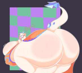 accessory anthro big_breasts big_butt biped blue_eyes bodily_fluids breasts butt clothed clothing cross-popping_vein dialogue eyebrows eyelashes female fingerless_(marking) horn huge_breasts huge_butt hyper hyper_breasts looking_back nipple_outline open_mouth rear_view simple_background solo sweat tail text thick_thighs three-quarter_view tongue white_body voctopie atlyss angela_flux bovid caprine mammal oathkin_(atlyss) 2025 absurd_res artist_name digital_drawing_(artwork) digital_media_(artwork) english_text hi_res