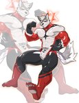 abs anthro beard biceps black_sclera bulge claws clothing deltoids facial_hair flexing flexing_bicep fur grey_body grey_fur hair hand_on_hip latex_suit male multicolored_clothing multicolored_suit muscular muscular_anthro muscular_male nipple_outline pecs red_eyes skintight_suit solo suit toe_claws white_body white_fur white_hair hpeng_04 ryouon_ritsu canid canine canis mammal wolf 2024 hi_res