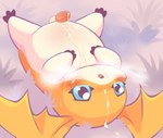 anthro balls blue_eyes blush bodily_fluids cum cum_on_face cum_on_own_face cum_on_self erection feral fur genital_fluids genitals male orange_body orange_fur penis solo tapering_penis wings driosawm bandai_namco digimon digimon_(species) patamon hi_res