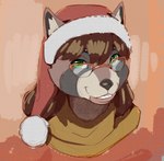 anthro braces christmas_clothing christmas_headwear clothing eyewear female festive glasses green_eyes hat headgear headwear holidays santa_hat solo greasymojo christmas samantha_flores mammal procyonid raccoon 2021 headshot_portrait portrait