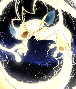 4_fingers ambiguous_gender antennae_(anatomy) brown_nose brown_pawpads chest_tuft crazy_eyes electricity fingers flying forked_antennae fur glowing glowing_eyes grin head_tuft long_antennae long_tail night outside pawpads smile solo tail tuft yellow_body yellow_fur ryuko_rose disney lilo_and_stitch sparky_(lilo_and_stitch) alien experiment_(lilo_and_stitch) 2026 absurd_res digital_drawing_(artwork) digital_media_(artwork) hi_res male_(lore)