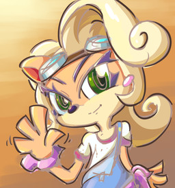 4_fingers anthro blonde_hair clothed clothing eyewear female fingers fur gesture goggles green_eyes hair long_hair overalls shirt solo t-shirt tan_body tan_fur topwear waving nitsuke_ill activision crash_bandicoot_(series) coco_bandicoot bandicoot mammal marsupial absurd_res hi_res