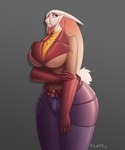 anthro big_breasts big_butt breasts butt clothing curvy_figure female floppy_ears gloves hair hair_over_eye handwear hourglass_figure jacket lop_ears solo thick_thighs tight_clothing topwear hiverdose last_fables eni_siverets_(last_fables) hare lagomorph leporid mammal hi_res