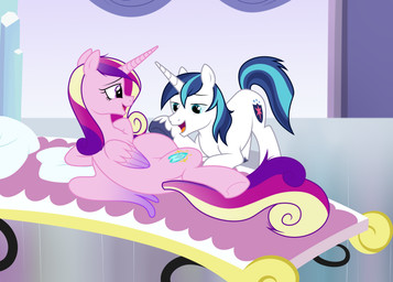 bed bedroom blue_hair blue_mane crystal_empire cutie_mark duo feathered_wings feathers female furniture hair hooves horn male male/female mane married_couple multicolored_hair pink_body pink_eyes pregnant pregnant_female resting touching_belly unicorn_horn white_body wings nika-rain friendship_is_magic hasbro my_little_pony mythology princess_cadance_(mlp) shining_armor_(mlp) crystal_pony_(mlp) equid equine mammal mythological_creature mythological_equine unicorn winged_unicorn absurd_res hi_res