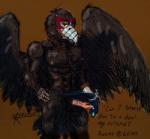 abs anthro balls biped bodily_fluids bottomwear claws clothing cum cum_drip dialogue dripping erection feathered_wings feathers flirting genital_fluids genitals hook inviting loincloth looking_at_viewer male muscular muscular_anthro muscular_male nipples penis precum presenting simple_background solo standing text wings exleston_(artist) legends_of_chima lego razar_(legends_of_chima) avian bird corvid corvus_(genus) oscine passerine raven english_text