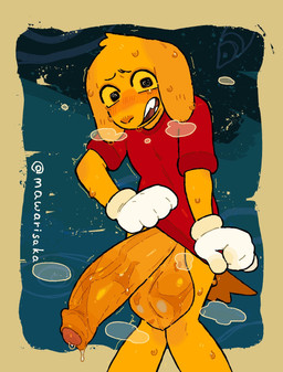 anthro balls big_balls big_penis blush bodily_fluids bottomless bottomless_male clothed clothing embarrassed floppy_ears foreskin fur genital_fluids genitals gloves handwear huge_balls huge_penis male open_mouth partially_retracted_foreskin penis precum red_clothing red_shirt red_t-shirt red_topwear shirt solo sweat t-shirt tail topwear unretracted_foreskin vein veiny_penis white_clothing white_gloves white_handwear yellow_body yellow_fur yellow_sclera mawarisaka3 glitch_productions the_amazing_digital_circus scratch_(tadc) bird_dog canid canine canis domestic_dog hunting_dog labrador mammal retriever hi_res watermark