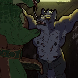 anthro armpit_hair bared_teeth beaten_up bodily_fluids body_hair bottomwear bound chin_up clothed clothing clothing_lift duo erection eye_patch eyewear faceless_character faceless_male genitals loincloth loincloth_lift looking_up male male/male male_anthro missing_hand muscular muscular_male penis saliva saliva_string scar scars_all_over tail tail_between_legs tally_marks teeth topless topless_anthro topless_male vein veiny_muscles veiny_penis avalath_tiger nintendo star_fox general_scales wolf_o'donnell dinosaur prehistoric_species reptile scalie sharpclaw_(star_fox) 1:1 absurd_res hi_res