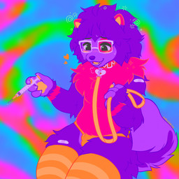 abstract_background anthro aphrodisiac balls balls_outline bright bright_colors bulge clothing collar detailed_bulge dizzy eyewear femboy fur genital_outline genitals glasses holding_syringe intoxication_play leash leashed_collar legwear male male_anthro medical medical_play neon open_mouth penis_outline pink_body pink_fur psychedelic_background purple_body purple_fur solo substance_intoxication syringe thick_thighs thigh_highs thong underwear wearing_glasses wide_hips critterclinic canid canine canis domestic_dog mammal pomeranian spitz 1:1 2025 hi_res nonbinary_(lore)