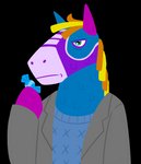 anthro blonde_hair blue_clothing blue_sweater blue_topwear brown_clothing brown_coat brown_topwear candy clothing coat depression dessert food frown green_eyes hair male multicolored_body pinata solo sweater topwear horsemanoftheapocalypse bojack_horseman netflix rareware viva_pinata bojack_horseman_(character) animate_inanimate horstachio living_pinata alpha_channel