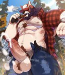 abs anthro ball_tuft ballhawk balls baseball_cap beard belt biceps bodily_fluids body_hair bottomwear chest_hair chest_tuft cigar clock clothed clothing cum denim denim_bottomwear denim_clothing dialogue erection facial_hair fangs fence forest forest_background fur genital_fluids genitals hairy hairy_balls happy_trail hat hat_over_eyes headgear headwear humanoid_genitalia humanoid_penis jeans low-angle_view male manly musclegut muscular muscular_anthro muscular_male nature nature_background nipples nude open_clothing open_topwear pants partially_clothed pattern_clothing pattern_topwear pawpads pecs penis penis_poking_out penis_through_fly plaid plaid_clothing plaid_topwear plant pubes solo talking_to_viewer teeth text topwear tree tuft vein veiny_penis watch drawreshi resh_(drawreshi) canid canine canis mammal wolf digital_media_(artwork) hi_res