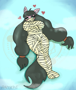anthro bdsm blush blush_lines bondage bound enjoying female floating_heart hair heart_eyes heart_symbol inner_ear_fluff long_hair looking_at_viewer magic magic_circle mummification pigtails solo tuft anykoe hasbro my_little_pony fan_character macdolia earth_pony equid equine horse mammal pony hi_res signature