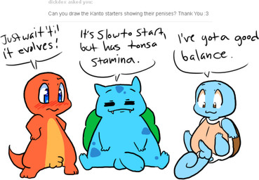 balls blue_body blue_eyes blue_skin blush brown_eyes comparing comparing_penis dialogue embarrassed erection feral flaccid genitals group humiliation humor looking_at_genitalia looking_at_penis male orange_body orange_skin penis penis_humiliation penis_size_difference red_body shell simple_background small_penis small_penis_humiliation starter_trio text turtle_shell white_background yellow_body jigglybutts nintendo pokemon tumblr bulbasaur charmander generation_1_pokemon pokemon_(species) squirtle 2013 english_text