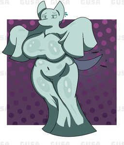 anthro belly big_belly big_breasts breasts clothed clothed_anthro clothing costume deep_navel female gradient_background midriff navel simple_background solo straining_clothing text thick_thighs gusa canid ghost humanoid mammal spirit hi_res