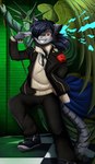 anthro armband belt black_hair clothing electronics evoker gun hair headphones long_hair looking_at_viewer male ranged_weapon school_uniform smile smiling_at_viewer solo summoning uniform weapon wings pridark atlus megami_tensei megami_tensei_persona persona_(series) persona_3 sega disterious felid feline mammal persona_(species) absurd_res hi_res