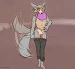 anthro balls black_bottomwear black_clothing black_pants bottomwear clothed clothing countershading frisbee frisbee_in_mouth fur genitals grey_body grey_fur male mouth_hold pants penis shirt simple_background sleeveless_shirt solo tail tail_motion tailwag topwear lawyerdog beastars legoshi_(beastars) canid canine canis mammal wolf 2021 artist_name digital_media_(artwork)