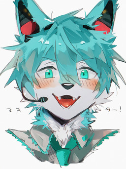 anthro blue_body blue_eyes blue_fur blue_hair blush cosplay electronics fangs fur hair headphones headset_microphone kemono looking_at_viewer male multicolored_body multicolored_fur neck_tuft open_mouth solo teeth text tuft white_body white_fur sski_0 vocaloid hatsune_miku mammal absurd_res aliasing digital_drawing_(artwork) digital_media_(artwork) hi_res japanese_text