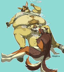 anthro ball_sniffing balls belly belly_overhang beverage_can bodily_fluids body_hair cigarette clothing duo fatpad genitals happy_trail male male/male moobs obese obese_male overweight overweight_male penis size_difference smoking smoking_cigarette sniffing steam_clouds sweat sweaty_clothing sweaty_footwear sweaty_shirt sweaty_socks sweaty_topwear thick_thighs southernyote australian_shepherd canid canine canis domestic_dog herding_dog kangaroo macropod mammal marsupial pastoral_dog sheepdog absurd_res hi_res