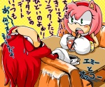 anthro beverage bored clothing dress duo female fur male pink_body pink_fur red_body red_clothing red_dress text urahyu sega sonic_the_hedgehog_(series) amy_rose knuckles_the_echidna echidna eulipotyphlan hedgehog mammal monotreme 6:5 japanese_text translated