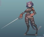 anthro belt belt_buckle blue_eyes breasts buckle clothing digitigrade fangs female gloves hair handwear legwear melee_weapon purple_hair sabre_(weapon) solo stockings sword tail teeth weapon maridiansnack domestic_cat felid feline felis mammal 2025 detailed digital_drawing_(artwork) digital_media_(artwork)