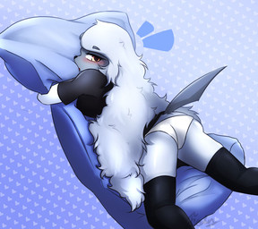 anthro black_clothing black_legwear black_thigh_highs blush body_pillow clothing female hug hugging_object hugging_pillow legwear looking_back panties pillow solo thigh_highs underwear wedgie white_clothing white_panties white_underwear fredory nintendo pokemon absol generation_3_pokemon pokemon_(species)