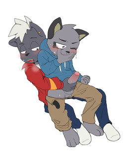 3_toes 4_fingers 5_fingers anthro balls blush blush_lines bodily_fluids bottomwear breath clothed clothing duo erection feet fingers fist footwear foreskin from_behind_position fur genitals grey_body grey_fur half-closed_eyes hand_on_mouth handjob hoodie jacket male male/male narrowed_eyes one_eye_closed open_bottomwear open_clothing open_mouth open_pants pants partially_retracted_foreskin penile penis reach_around red_clothing red_jacket red_topwear sex simple_background snot socks sweat tears toes topwear white_background ahseo odd_taxi hajime_tanaka_(odd_taxi) shun_imai_(odd_taxi) cougar felid feline felis mammal mephitid skunk 5:6 hi_res
