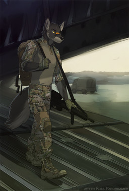 5_fingers aircraft airplane anthro ar-15 army assault_rifle athletic athletic_anthro athletic_male backpack biped black_nose boots bottomwear camo camo_bottomwear camo_clothing camo_pants camo_print camo_shirt camo_topwear clothed clothing detailed_background fingerless_gloves fingers fluffy fluffy_tail footwear front_view fur gloves green_boots green_clothing green_fingerless_gloves green_footwear green_gloves green_handwear grey_body grey_fur grey_tail gun handwear holding_gun holding_object holding_ranged_weapon holding_weapon knee_pads m16 male military military_uniform outside pants pattern_bottomwear pattern_clothing pattern_pants pattern_shirt pattern_topwear ranged_weapon rifle shirt shoes snout soldier solo standing tail three-quarter_view topwear truck uniform vehicle walking war warrior weapon yellow_eyes koul canid canine canis mammal wolf 2013 full-length_portrait portrait