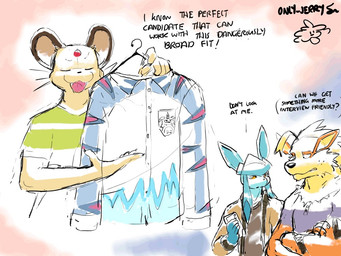 anthro bodily_fluids cellphone clothed clothes_hanger clothing collared_shirt crossed_arms dialogue electronics eyes_closed fully_clothed group looking_at_another male open_mouth phone polo_shirt shirt smug sweat sweatdrop t-shirt text topwear trio whiskers dahecksajerry bandai_namco digimon nintendo pokemon cash_(dahecksajerry) james_(dahecksajerry) samson_(dahecksajerry) arcanine digimon_(species) eeveelution gabumon generation_1_pokemon generation_4_pokemon glaceon persian_(pokemon) pokemon_(species) 4:3 english_text
