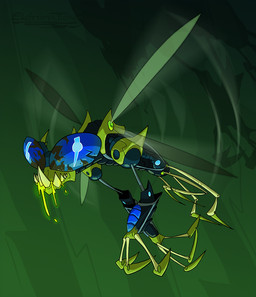 ambiguous_gender armor blue_eyes bodily_fluids corruption feral glowing glowing_drool green_background green_body green_eyes insect_wings long_fingers machine multicolored_body multicolored_eyes saliva shadow simple_background solo teeth two_tone_eyes wings evanimations bionicle lego arthropod insect nui-rama rahi robot 2015 digital_drawing_(artwork) digital_media_(artwork)