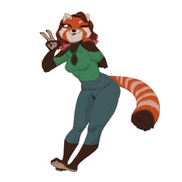 3_toes anthro barefoot blep bottomwear brown_body brown_fur brown_hair clothing denim denim_bottomwear denim_clothing facial_markings feet female fur gesture hair hand_behind_back hand_gesture head_markings highlights_(coloring) jeans looking_up markings multicolored_body multicolored_fur one_eye_closed orange_body orange_eyes orange_fur pants pink_highlights shoulderless_shirt simple_background small_ears solo striped_markings striped_tail stripes tail tail_markings toes tongue tongue_out v_sign white_body white_fur wink ruffu unnamed_character ailurid mammal red_panda 1:1 digital_drawing_(artwork) digital_media_(artwork) full-length_portrait portrait