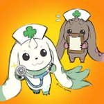 :3 beady_eyes blush brown_body brown_fur clothing duo fur hat headgear headwear horn long_ears medical_instrument nurse_clothing nurse_hat nurse_headwear scientific_instrument stethoscope white_body white_fur mas_square bandai_namco digimon digimon_(species) lopmon terriermon 1:1 hi_res