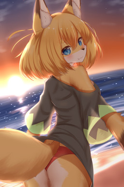 anthro beach blonde_hair blue_eyes blush breasts brown_body brown_fur butt clothed clothing cute_fangs dipstick_ears ear_markings evening eyebrow_through_hair eyebrows eyelashes eyelashes_through_hair fangs female female_anthro fur gloves_(marking) hair inner_ear_fluff kemono looking_at_viewer looking_back looking_back_at_viewer markings multicolored_body multicolored_ears multicolored_fur off_shoulder outside panties sea seaside shirt short_hair solo sun sunset t-shirt tail teeth topwear translucent translucent_hair tuft underwear water white_body white_fur yellow_body yellow_fur horokusa0519 fox_next_door_(horokusa) canid canine fox mammal 2021 2:3 digital_media_(artwork) hi_res translated_description